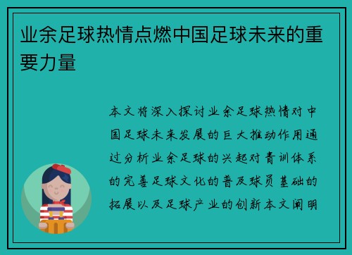 业余足球热情点燃中国足球未来的重要力量