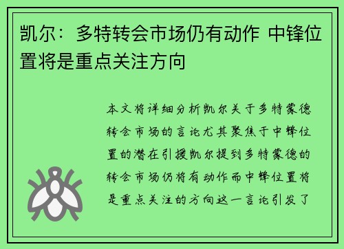 凯尔：多特转会市场仍有动作 中锋位置将是重点关注方向